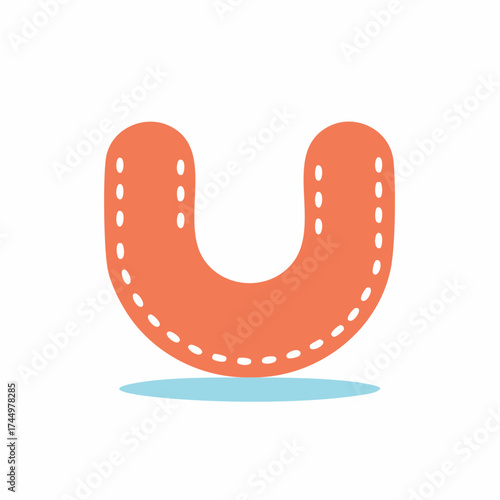 Playful orange uppercase letter U with dashed stitched outline and soft shadow a cute vector illustration