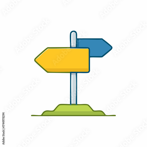 Cartoon style roadsign with yellow and blue arrow on a patch of green grass
