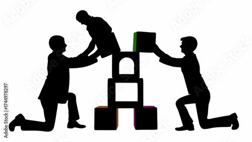 Teamwork builds success concept showing collaborative effort as business people construct a tower together
