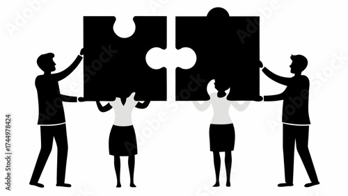 Dynamic team connecting puzzle pieces, symbolizing synergy and business success with collaborative solutions