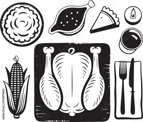 Thanksgiving Dinner Feast Icon Elements Silhouette