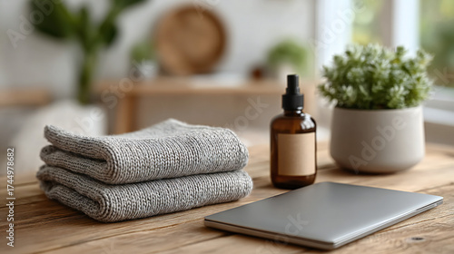 Relaxing spa still life with white towels flowers candles and natural aromatherapy items for wellness and beauty care