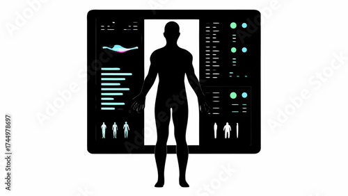 Futuristic body scan interface for medical technology, displaying health data and analytics on a sleek screen
