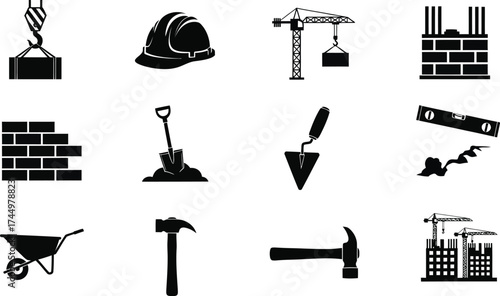 Construction tools and equipment vector icons set for building site