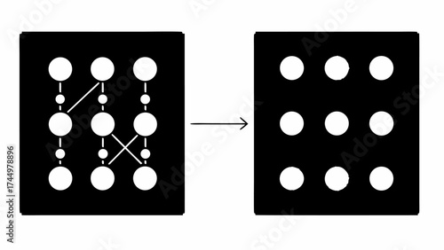 Conceptual transformation of complex network to organized matrix, showing data simplification and structured refinement