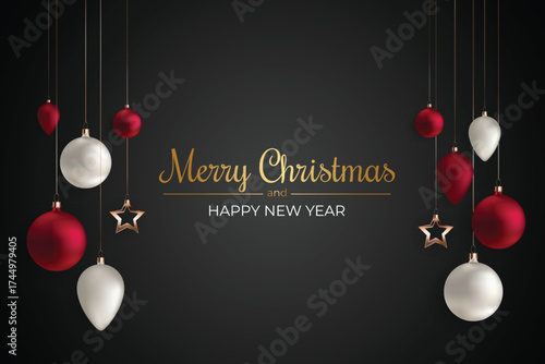Geometric 3D metallic ornaments in crimson, ivory and gold suspended against deep noir backdrop for cinematic Christmas and New Year greeting card