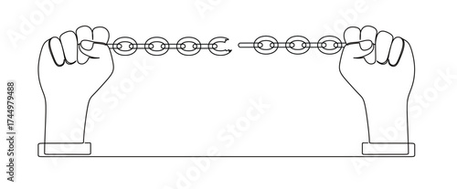 continuous line art of a hand holding and pulling a chain until it breaks. concept of freedom