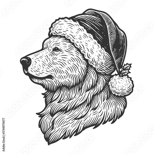 polar bear dressed in a red Santa Claus hat, combining festive holiday charm with wildlife artistry sketch engraving generative ai vector illustration. Scratch board imitation. Black and white image.