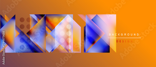 Abstract geometric shapes overlap, creating vibrant color gradients. Orange background complements blue, purple hues. Modern design element.