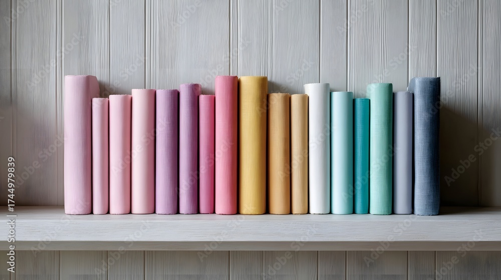 Naklejka premium A row of pastel colored books organized in a gradient spectrum on a clean shelf against a textured wall