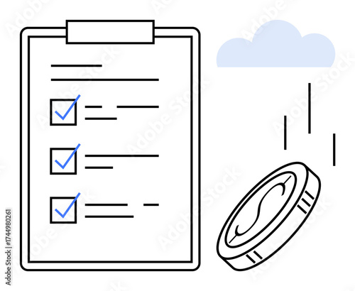 Clipboard with checklist of completed tasks, coin dropping symbolizing financial decisions, paired with a cloud. Ideal for planning, finance, prosperity, organization, business, productivity simple