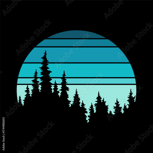 Retro sunset logo in striped style. Circle colored vintage pictures for badges. Tourism or traveling concept, adventure logotype. Cartoon vector illustration