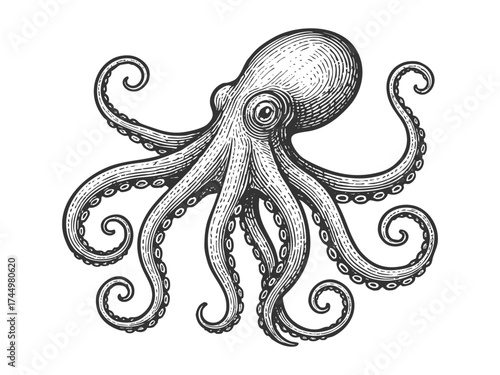 octopus with detailed tentacles, symbolizing marine life, sea creatures, and oceanic mystery sketch engraving generative ai vector illustration. Scratch board imitation. Black and white image.