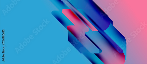 Abstract shapes overlap, creating vibrant color gradients. Blue transitions to pink, forming dynamic composition. Modern design elements present.