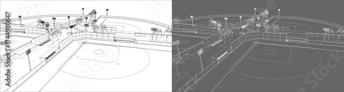 Vector line drawing of a baseball sport complex featuring multiple fields, bleachers, lighting poles, and surrounding fences in a symmetrical layout