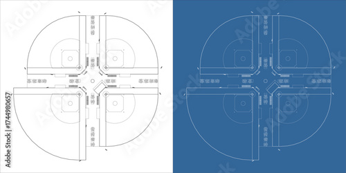 Vector blueprint illustration showing a clover-shaped baseball field complex viewed from above
