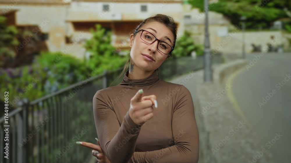 Fototapeta premium Woman standing confidently with arms crossed and finger pointing in an outdoor city street setting, exuding assurance and focus as she engages in a dynamic urban environment.