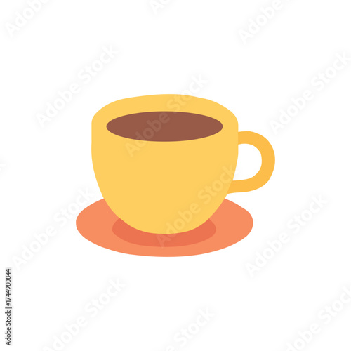 Yellow coffee cup and saucer with dark liquid isolated on transparent background