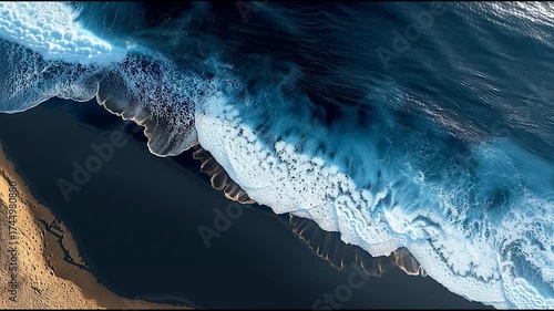 Aerial view of ocean waves crashing on sandy beach, turquoise sea foam and deep blue water meeting golden coastline, dramatic seascape from above