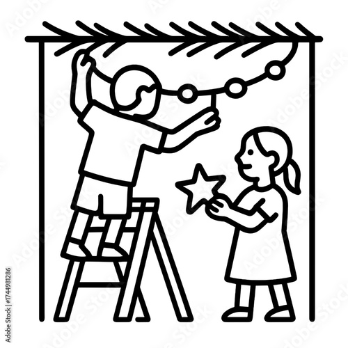 Line art of children decorating a sukkah – joyful Sukkot activity icon with hanging decorations