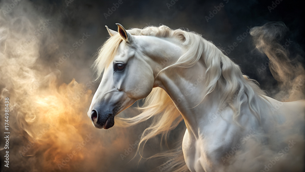 Obraz premium Majestic white horse with flowing mane and tail, surrounded by mystical smoke and dramatic lighting, evoking a sense of power and grace