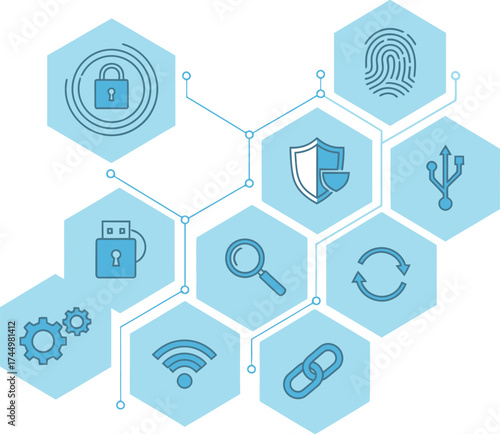 Digital security and technology network with icons representing data protection and connectivity