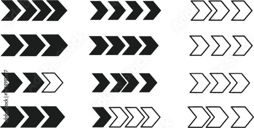 Vector art of set of forward pointing arrow icons in various styles, representing direction, movement, and progression