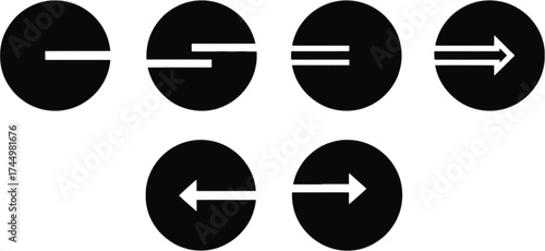 Vector art of collection of seven black circle icons, each featuring a unique arrow design, indicating direction and movement