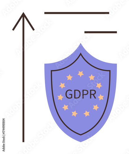 Shield labeled GDPR surrounded by stars, upward arrow symbolizing growth and compliance. Ideal for data protection, legal regulation, privacy, security, compliance strategy, business policies, simple