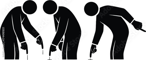 Vector art of three stick figures are depicted, each leaning over and pointing at something on the ground