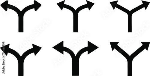 Vector art of various arrow fork icons, representing decisionmaking, direction, and choices in different orientations