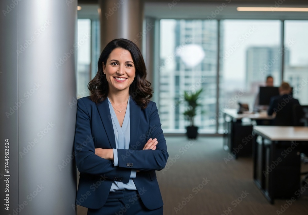 Obraz premium Confident professional woman in a suit smiles with arms crossed in a modern office setting