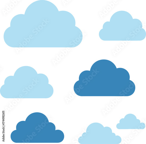 Collection of various blue cloud shapes and sizes on a white background