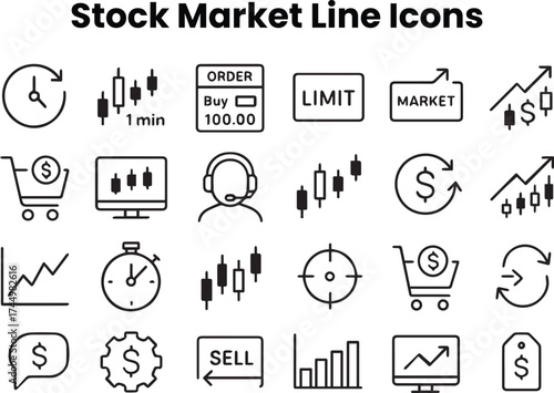 Outline icons showing stock exchanges, trading floors, financial brokers, and data terminals for economic use