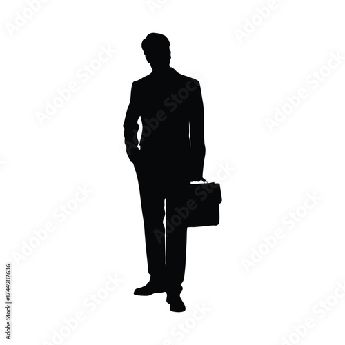 Confident Businessman Silhouette Standing with Briefcase and Hand in Pocket