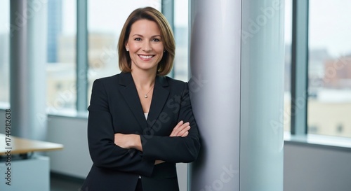 Professional woman in black suit smiling with arms crossed in modern office interior Free Download Professional woman in black suit smiling with arms crossed in modern office interior - GFXLoad