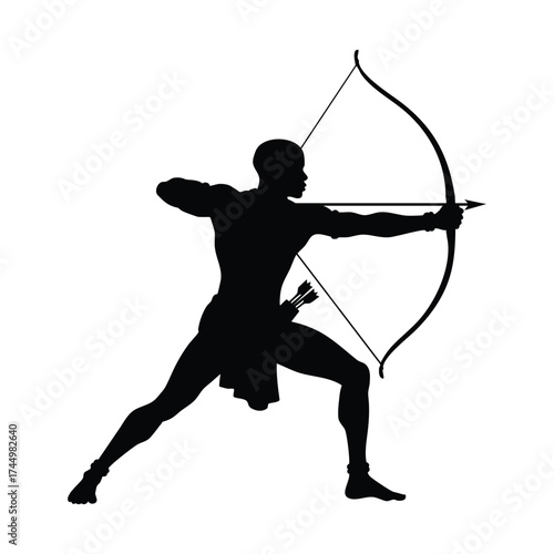 African Archer Silhouette in Action, Ready to Shoot Bow and Arrow