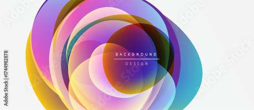 Abstract colorful layers create dynamic circular design. Vibrant hues blend, forming modern background element. Smooth gradients enhance visual appeal.