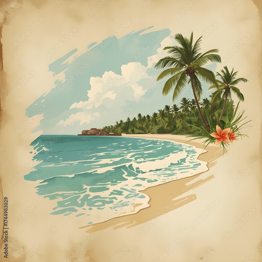 Obraz premium tropical beach, palm trees, turquoise water, retro style