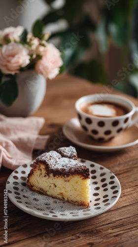 Wallpaper Mural A slice of cake rests on a polka-dot plate beside a cup of coffee. Soft pink flowers are arranged in a nearby vase, all set on a rustic wooden table for a cozy moment Torontodigital.ca