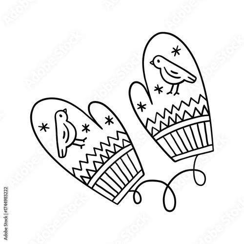 Cute cozy winter mittens with bird designs and snowflakes. Hand drawn illustration in line style.