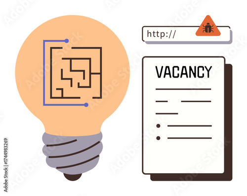 Lightbulb with circuit design, job vacancy list, and virus alert sign. Ideal for concepts thumbs up innovation, cybersecurity, recruitment, technology, problem-solving, career and digital safety