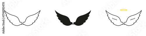 Angel Wings And Halo Line And Solid Icon Set. Spirituality, Protection, And Guardian Symbol Outline And Silhouette Collection. Celestial And Divine Concept. Isolated Vector Illustration