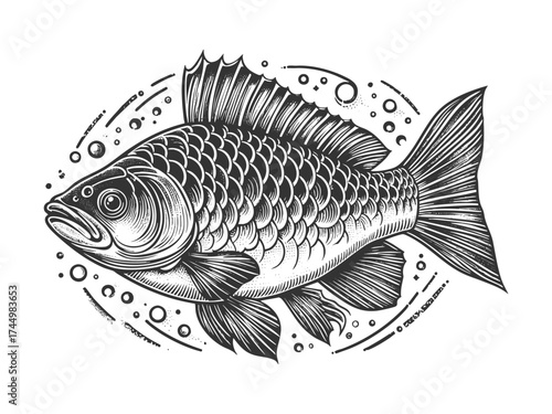 ornamental fish with textured scales and flowing fins, drawn in a classic vintage style sketch engraving generative ai vector illustration. Scratch board imitation. Black and white image.