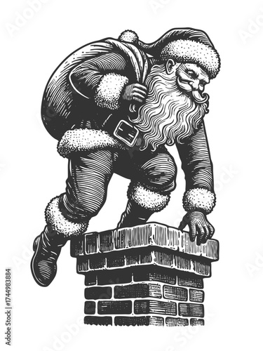 Santa Claus in traditional outfit carrying a sack of presents as he climbs down a snowy chimney on Christmas Eve sketch engraving generative ai vector illustration. Scratch board. Black and white.