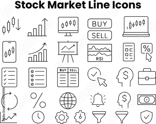 Full vector line icons of stock charts, investments, price trends, and economic analytics for finance professionals