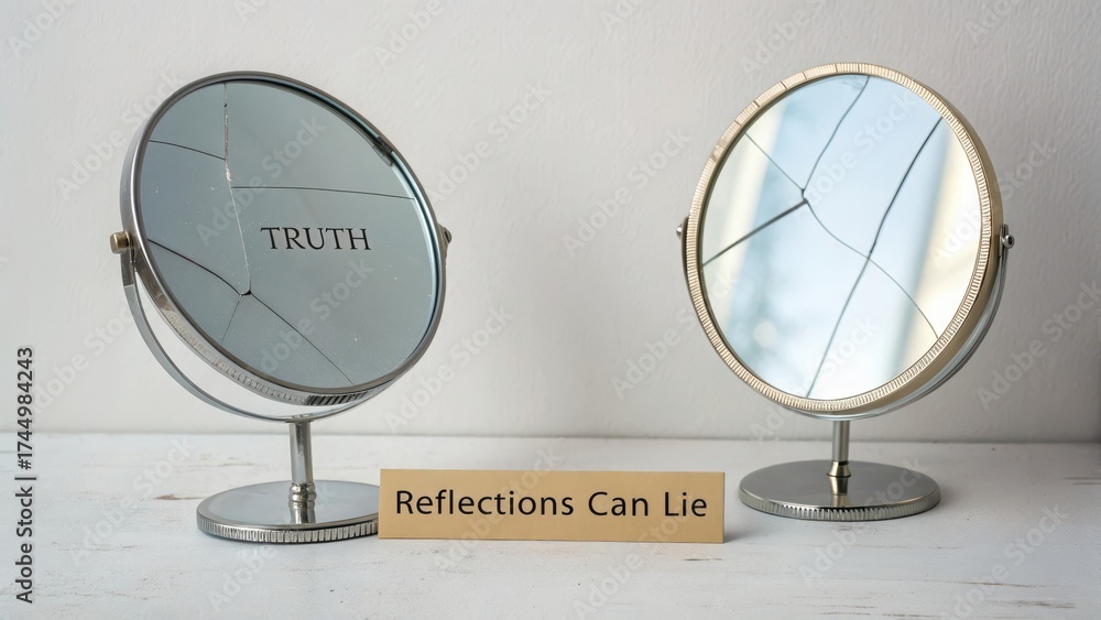 Fototapeta premium Two mirrors reflecting truth and a broken lie closeup view