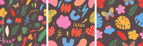 Hand drawn seamless pattern set. Collection with organic shapes, flowers and doodle elements. Trendy contemporary backgrounds