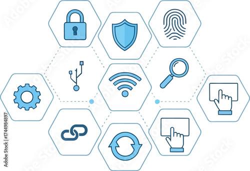 Digital security and technology icons representing data protection and network connectivity concepts