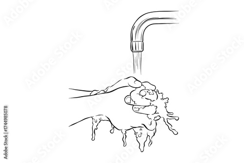line art illustration of washing hands thoroughly